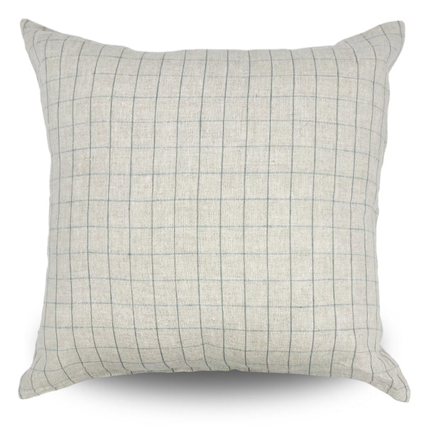 Retreat Finery cushion cover in natural linen with subtle sky blue check pattern