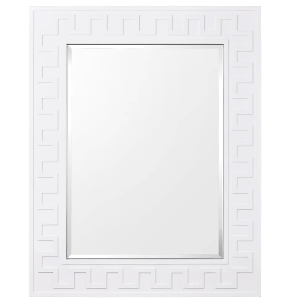 Rhodes wall mirror in white with geometric frame and bevelled glass detail