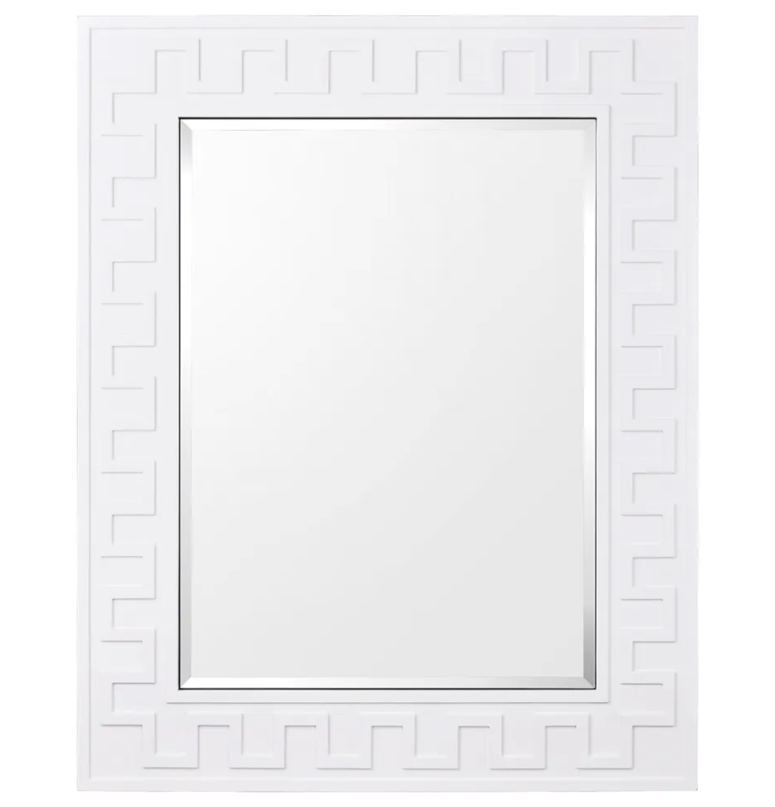Rhodes wall mirror in white with geometric frame and bevelled glass detail