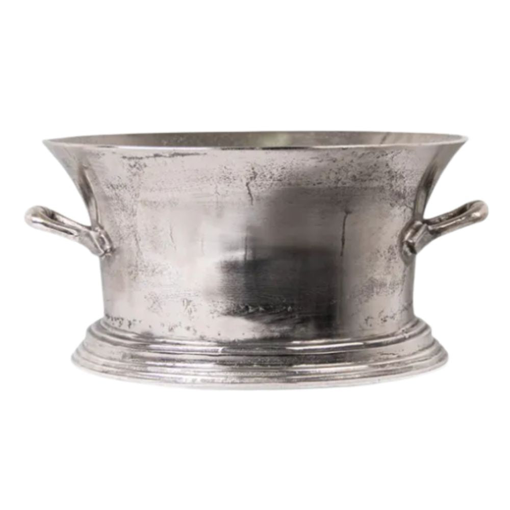 Rhone Champagne Bucket in antique silver finish, featuring elegant curved handles and a classic flared rim. Perfect for chilling wine or champagne at sophisticated gatherings.