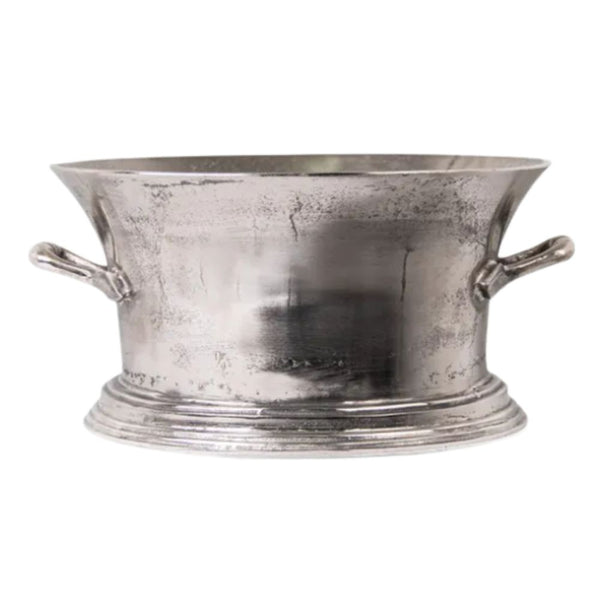 Rhone Champagne Bucket in antique silver finish, featuring elegant curved handles and a classic flared rim. Perfect for chilling wine or champagne at sophisticated gatherings.