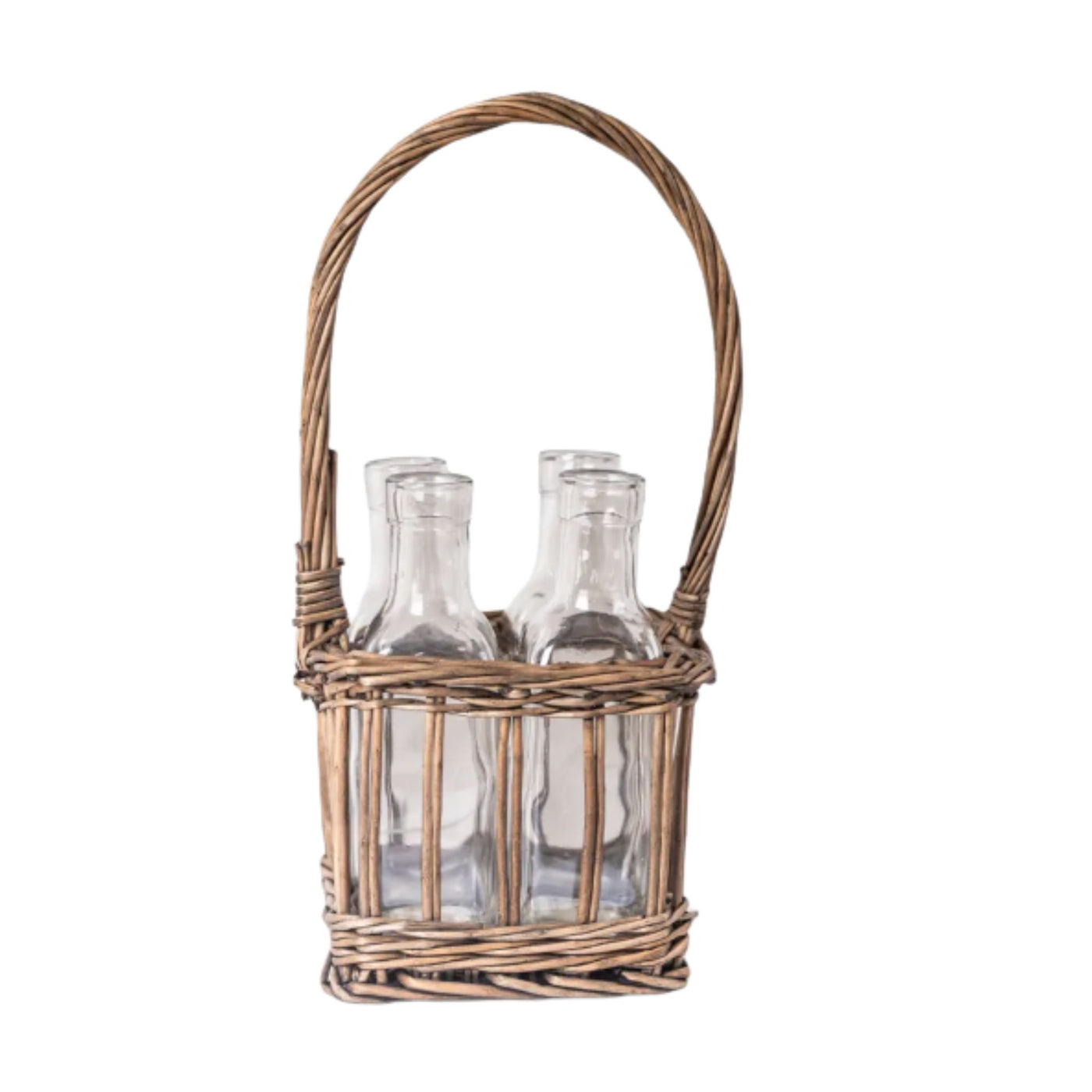 Riviera 4 Glass Bottle Holder with woven willow frame and glass.