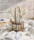 Riviera 4 Glass Bottle Holder with woven willow frame and glass bottles styled with flowers on a Hamptons-style table