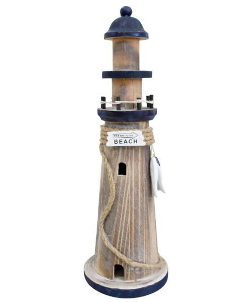 Medium wooden lighthouse ornament with navy trim, rope detail and “Beach” sign.