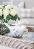 Rose in Glass Vase White on rattan tray with white ceramic bird