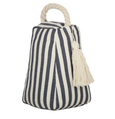 Navy and white striped door stop with a rope handle and tassel detail, adding a stylish nautical touch to coastal-inspired interiors.