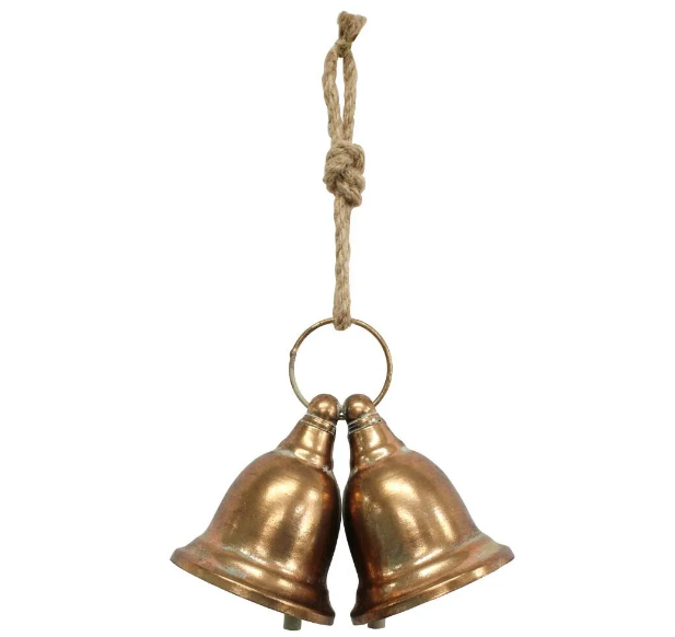 Rustic twin metal bells with rope hanger in warm antiqued copper tone.