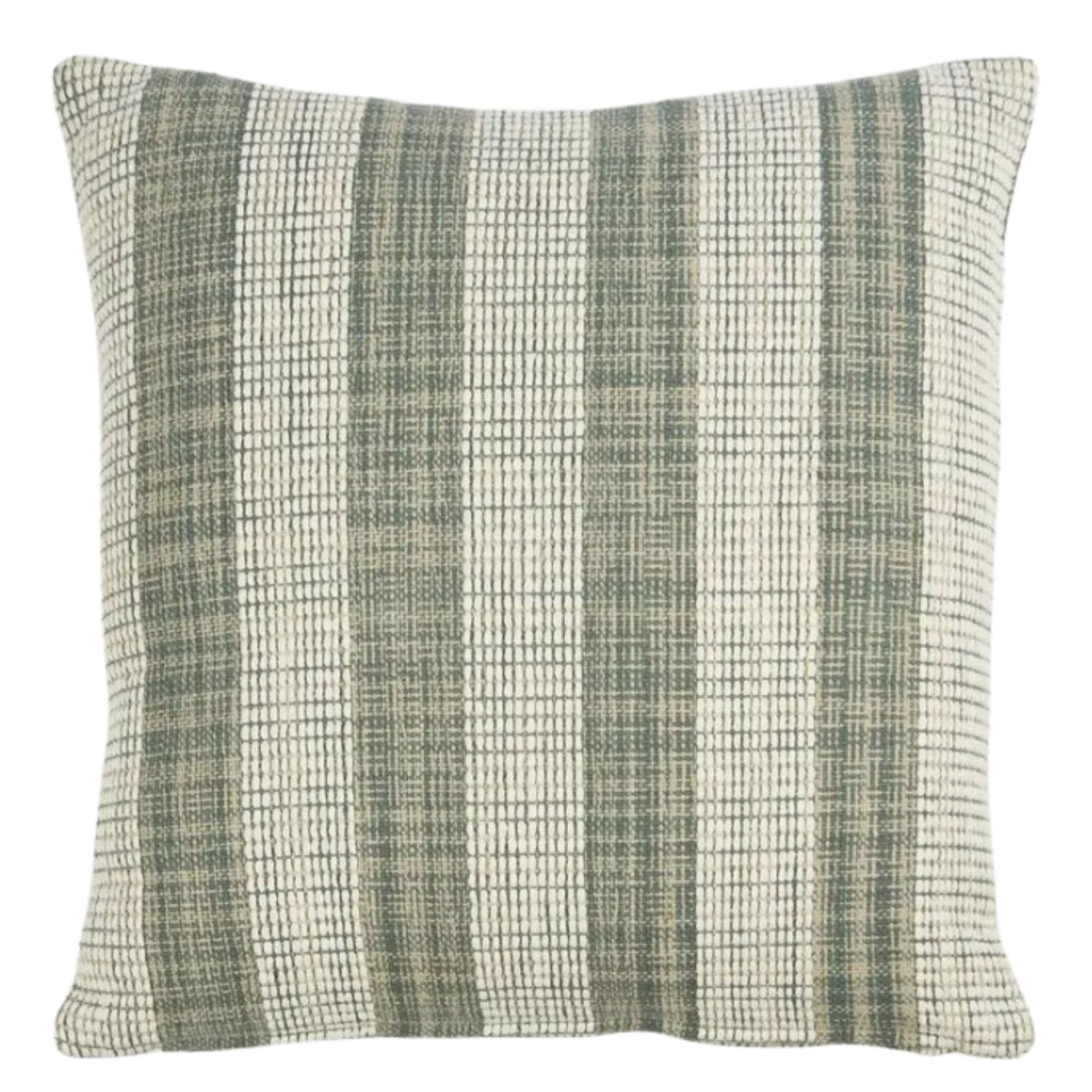 Green and white textured stripe cushion in soft woven fabric, 50x50cm