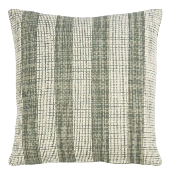 Green and white textured stripe cushion in soft woven fabric, 50x50cm