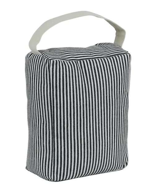 Black and white striped rectangular door stop with a cotton handle, perfect for coastal or Hamptons-style interiors.