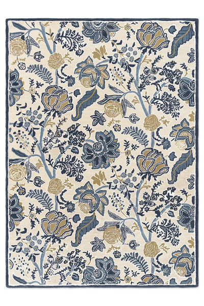 Sanderson Shalimar China Blue Rug with hand-tufted floral tree-of-life design in blue and gold tones
