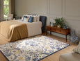 Sanderson Shalimar China Blue Rug with hand-tufted floral tree-of-life design in blue and gold tones