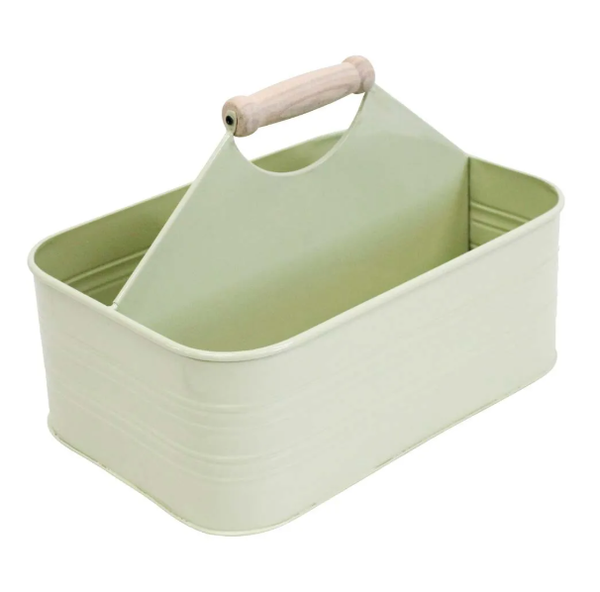 Metal Caddy with Wooden Handle Sage