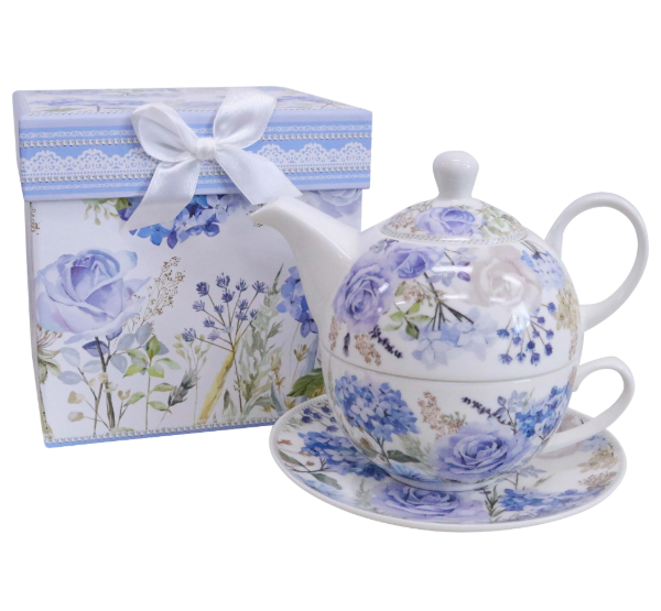 Tea set with floral design including teapot, cup, and saucer, with a matching gift box.