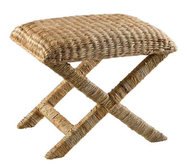 Laguna Cross Leg Stool with woven water hyacinth seat and natural timber frame, versatile coastal-style stool for bedroom, hallway, or living room.