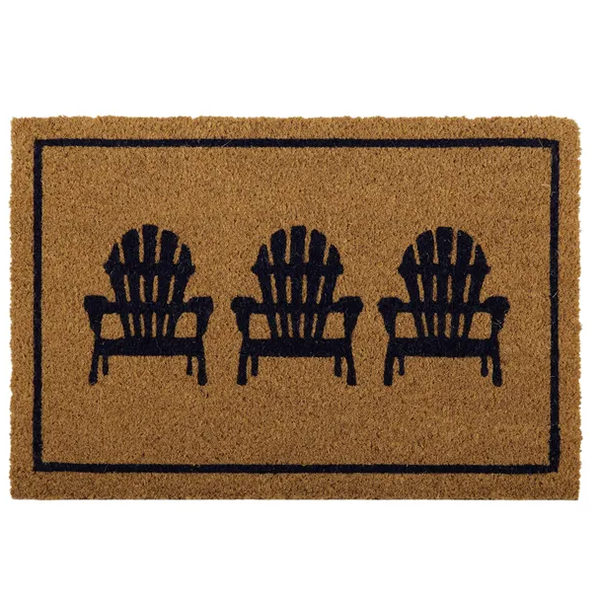Adirondack PVC Back Coir Mat 40x60cm with three black Adirondack chair motifs on natural coir background, coastal-style doormat with PVC backing.