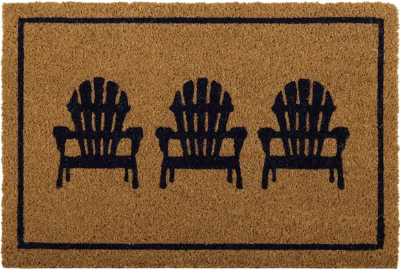 Adirondack PVC Back Coir Mat 40x60cm with three black Adirondack chair motifs on natural coir background, coastal-style doormat with PVC backing.