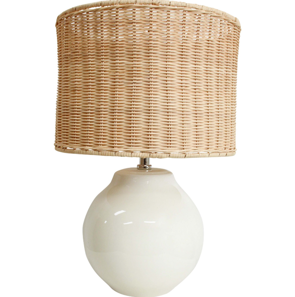 Havana Rattan Lamp with glossy ceramic base and natural woven rattan shade, coastal-inspired lighting for living rooms, bedrooms, or home office décor.