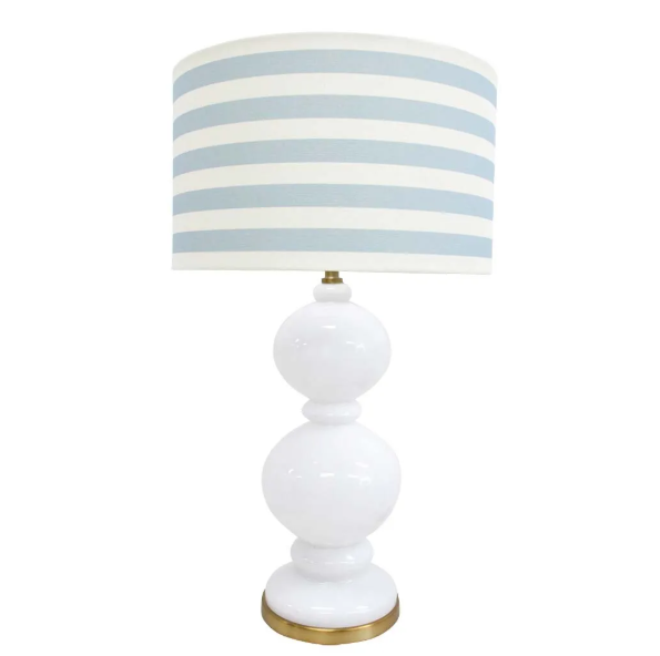 Hamptons Lamp Tall with glossy glass base and striped linen shade, coastal-inspired statement lamp for living room, bedroom, or entryway styling.