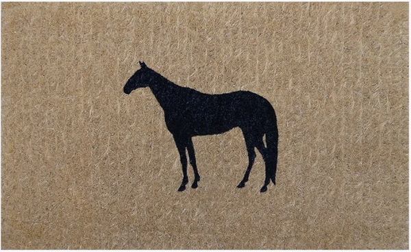 Horse Doormat handmade from natural coir with black horse design on natural background, durable and stylish doormat for entryways.