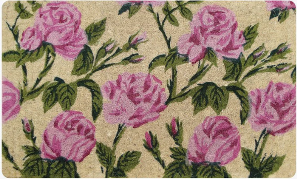 Rose Garden Doormat handmade from natural coir with pink and green floral design on natural background, durable and elegant entryway mat.