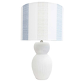 Newport Lamp with white ribbed polyresin base and striped cotton shade in soft blue and neutral tones, Hamptons-style table lamp.