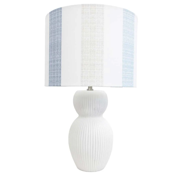 Newport Lamp with white ribbed polyresin base and striped cotton shade in soft blue and neutral tones, Hamptons-style table lamp.