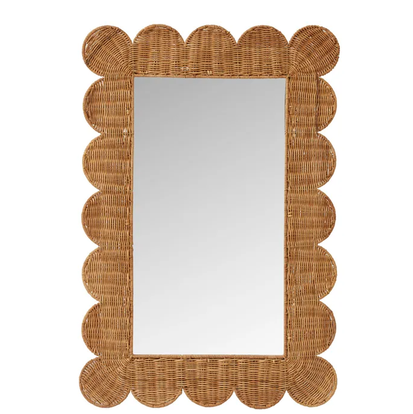 Natural rattan rectangular mirror with scalloped edge design, measuring 60x90cm.