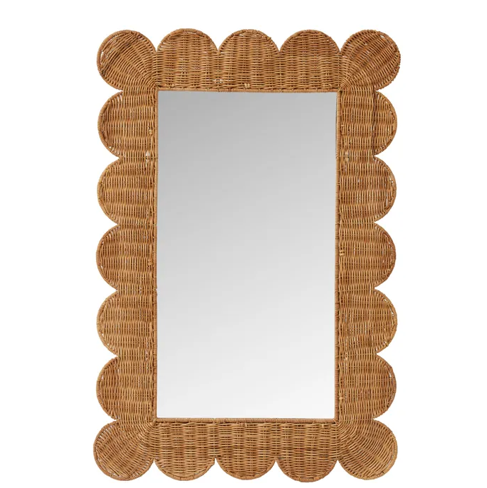 Natural rattan rectangular mirror with scalloped edge design, measuring 60x90cm.