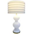 Hamptons Lamp Tall with glossy glass base and striped linen shade, coastal-inspired statement lamp for living room, bedroom, or entryway styling.