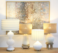 Hamptons Lamp Tall with glossy glass base and striped linen shade, coastal-inspired statement lamp for living room, bedroom, or entryway styling.
