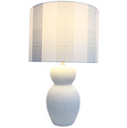 Newport Lamp with white ribbed polyresin base and striped cotton shade in soft blue and neutral tones, Hamptons-style table lamp.