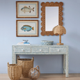 Natural rattan rectangular mirror with scalloped edge design, measuring 60x90cm.