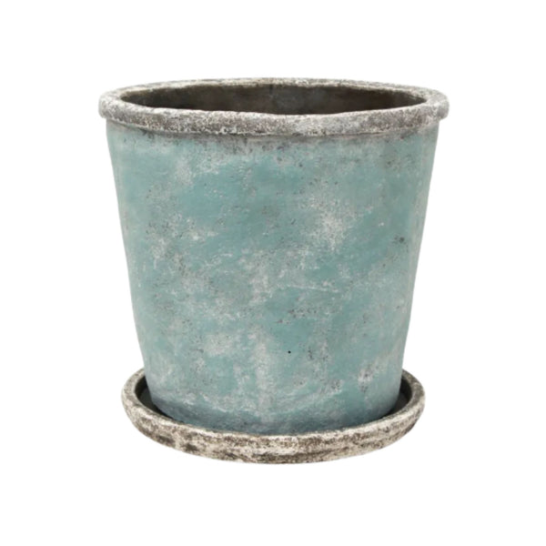 Large sea blue cement plant pot with matching saucer