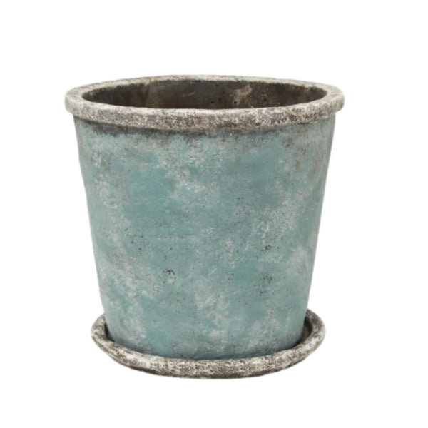 Sea blue cement plant pot with matching saucer medium