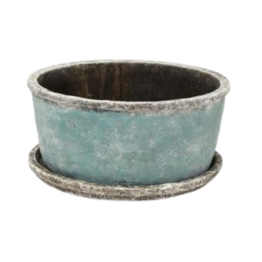 Sea Blue Wide Plant Pot & Saucer Small with weathered blue cement finish and matching saucer for indoor or outdoor plants.