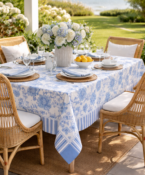 Blue and white floral Hamptons style tablecloth on an outdoor coastal dining table with wicker chairs, white dinnerware and fresh hydrangea centrepiece.