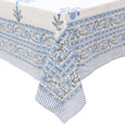 Blue block print cotton tablecloth corner detail