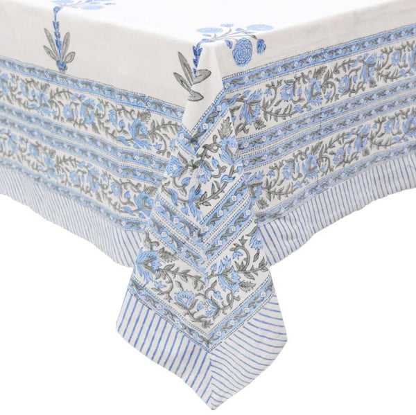 Blue block print cotton tablecloth corner detail