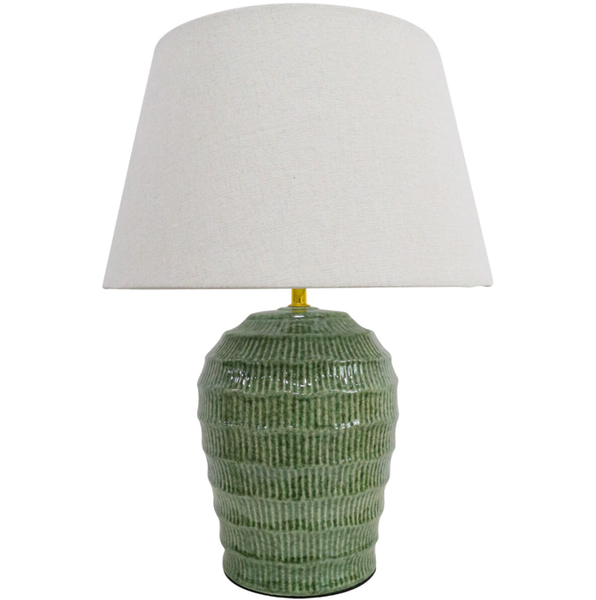 Seabrook Ridge green ceramic table lamp with textured ribbed base and linen shade