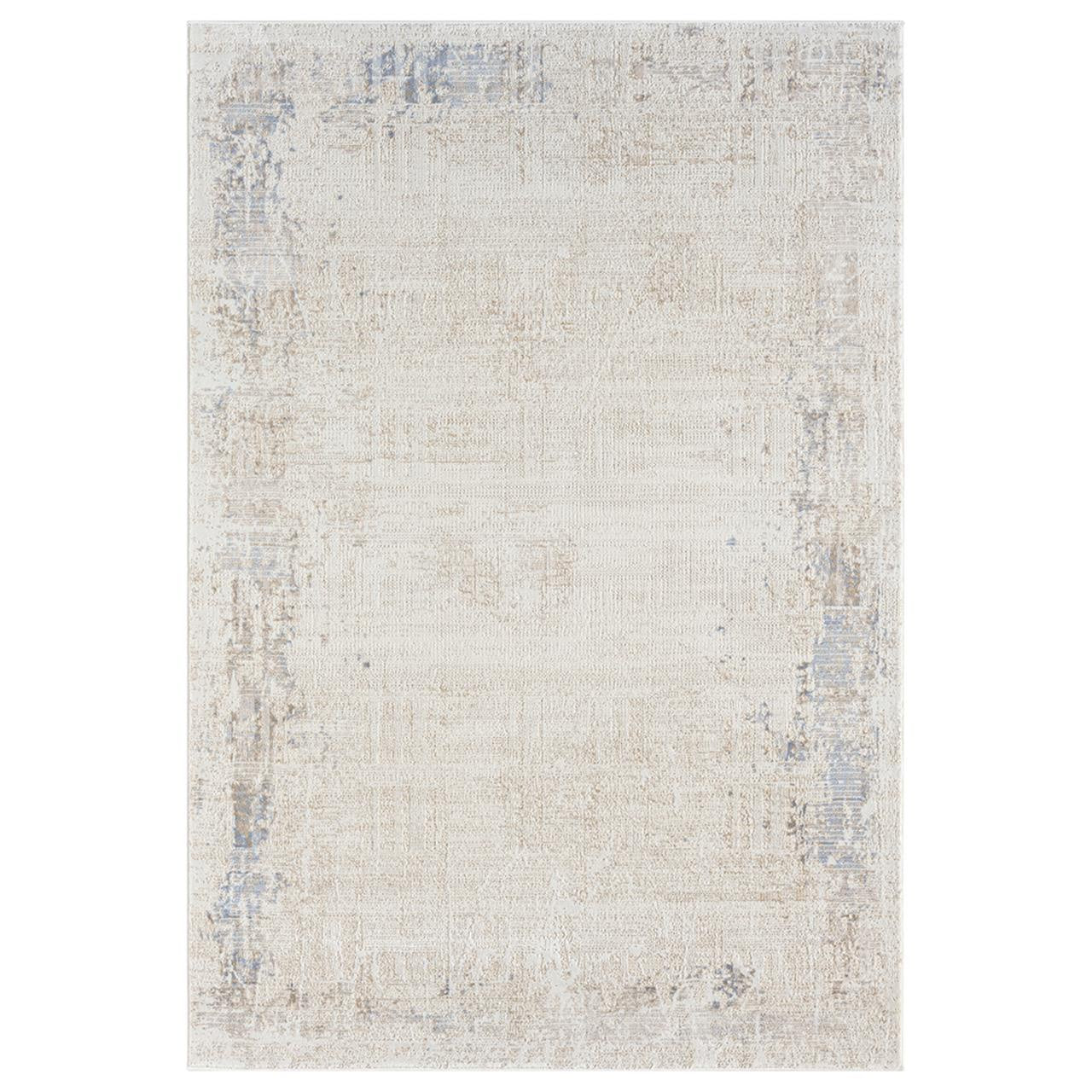 Serenity Ivory Textured Rug with soft distressed ivory and beige pattern and subtle blue accents.