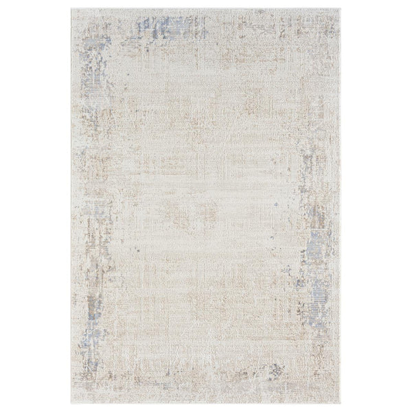 Serenity Ivory Textured Rug with soft distressed ivory and beige pattern and subtle blue accents.