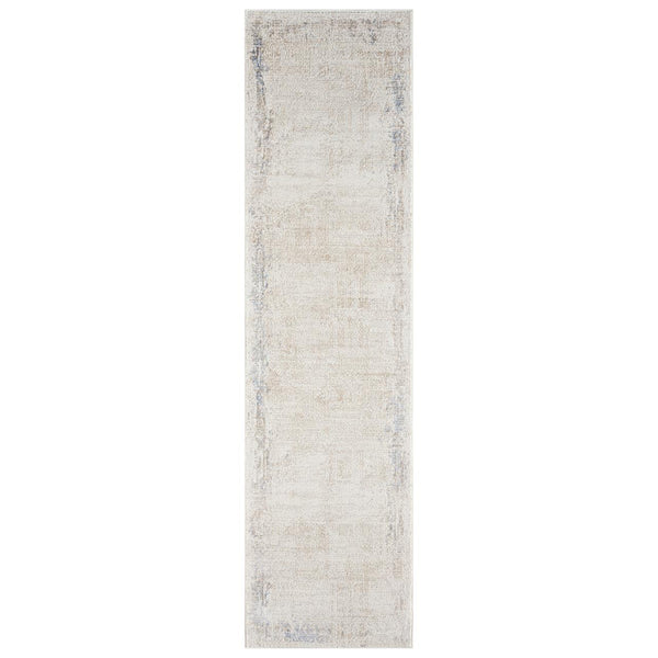 Serenity Ivory Textured Runner with soft distressed ivory and beige pattern and subtle blue accents.
