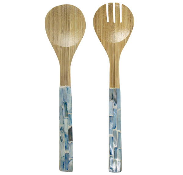 Servers Soft Blue Set/2 with natural bamboo spoons and soft blue Mother of Pearl handles.
