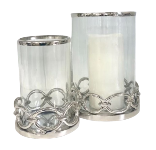 Small silver hurricane candle holder with round link metal base and clear glass cylinder, shown on a white background
