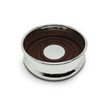 Silver plated bottle coaster detail showing circular timber insert and polished silver rim