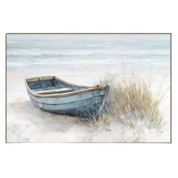 Coastal skiff boat artwork in soft neutral tones, framed canvas print with dune grass and ocean horizon