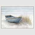 Coastal skiff boat artwork in soft neutral tones, framed canvas print with dune grass and ocean horizon