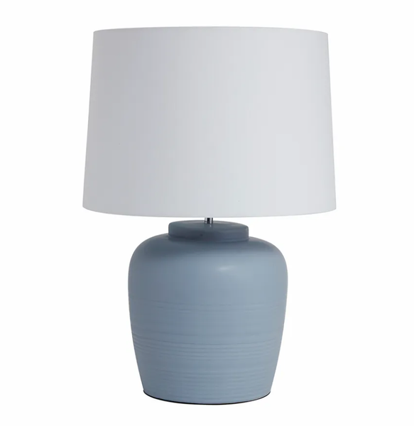 Somerset Ceramic Table Lamp in duck egg blue with white shade, styled on a wooden console in a Hamptons-inspired living space.