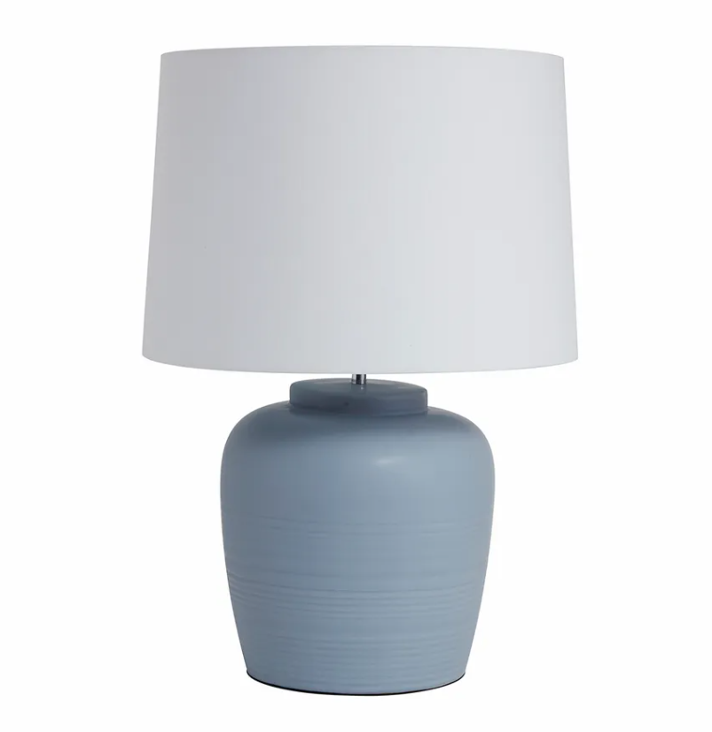 Somerset Ceramic Table Lamp in duck egg blue with white shade, styled on a wooden console in a Hamptons-inspired living space.